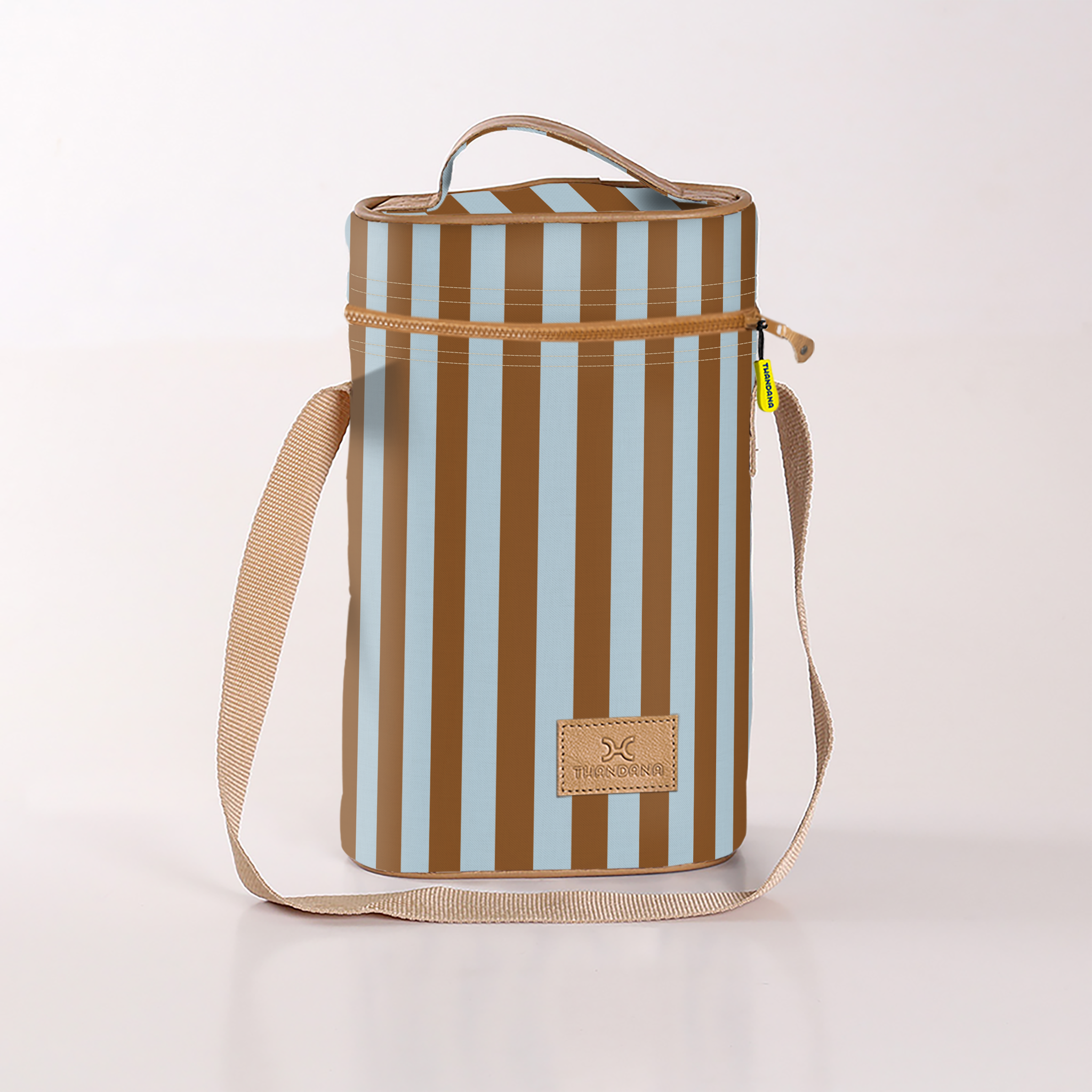 Wine Cooler Double | Laminated Fabric with Genuine Leather Coastal Stripe - Blue Beverage Cooler Fabric Bag by Thandana