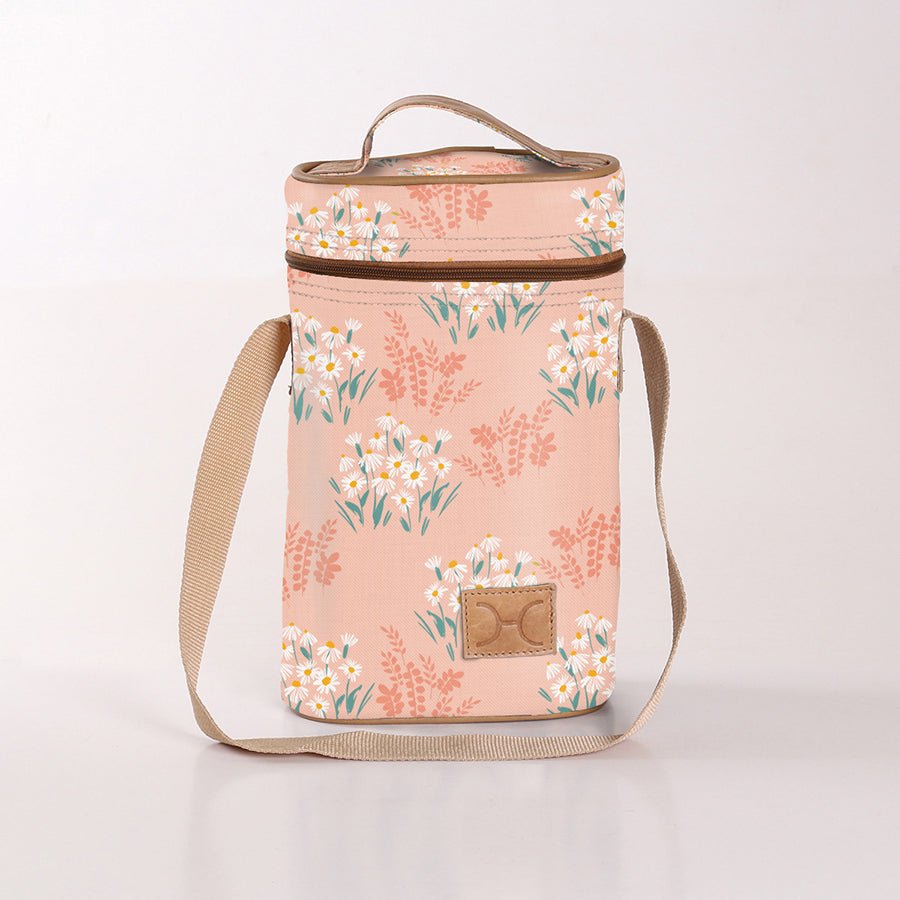 Wine Cooler Double | Laminated Fabric with Genuine Leather Crazy Daisy - Blush Beverage Cooler Fabric Bag by Thandana