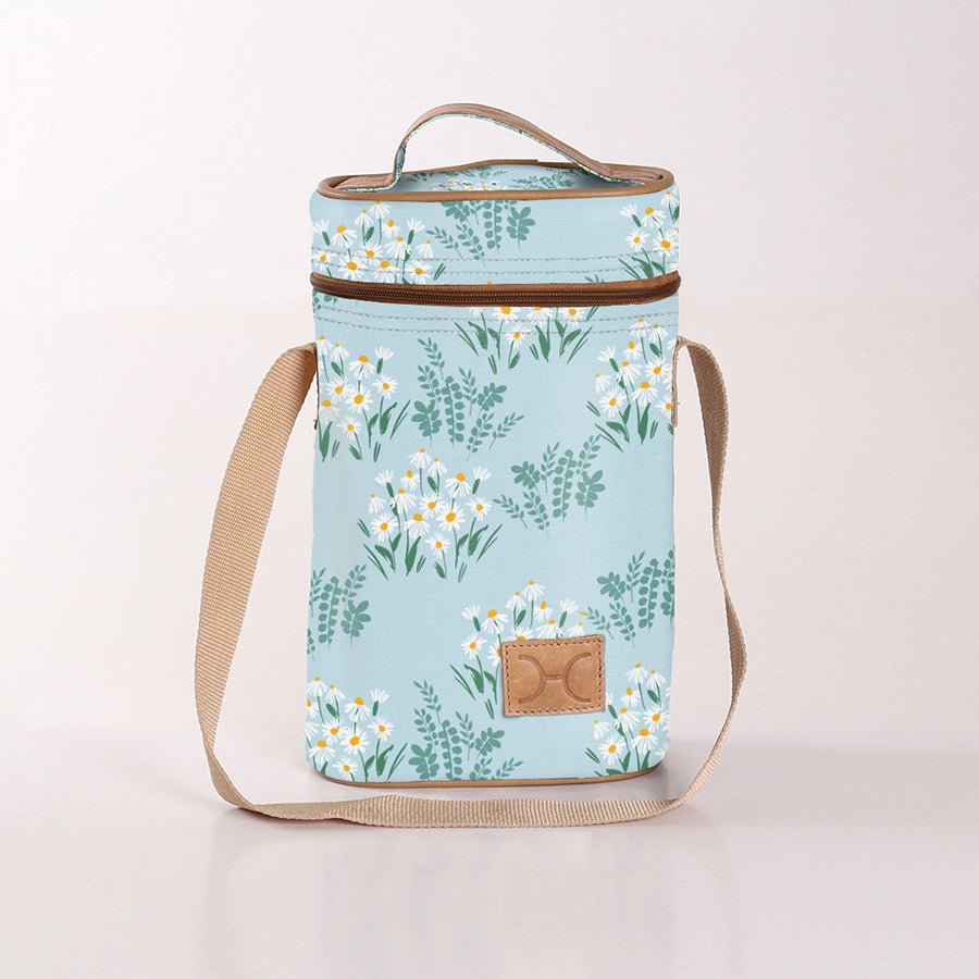 Wine Cooler Double | Laminated Fabric with Genuine Leather Crazy Daisy - Sage Beverage Cooler Fabric Bag by Thandana