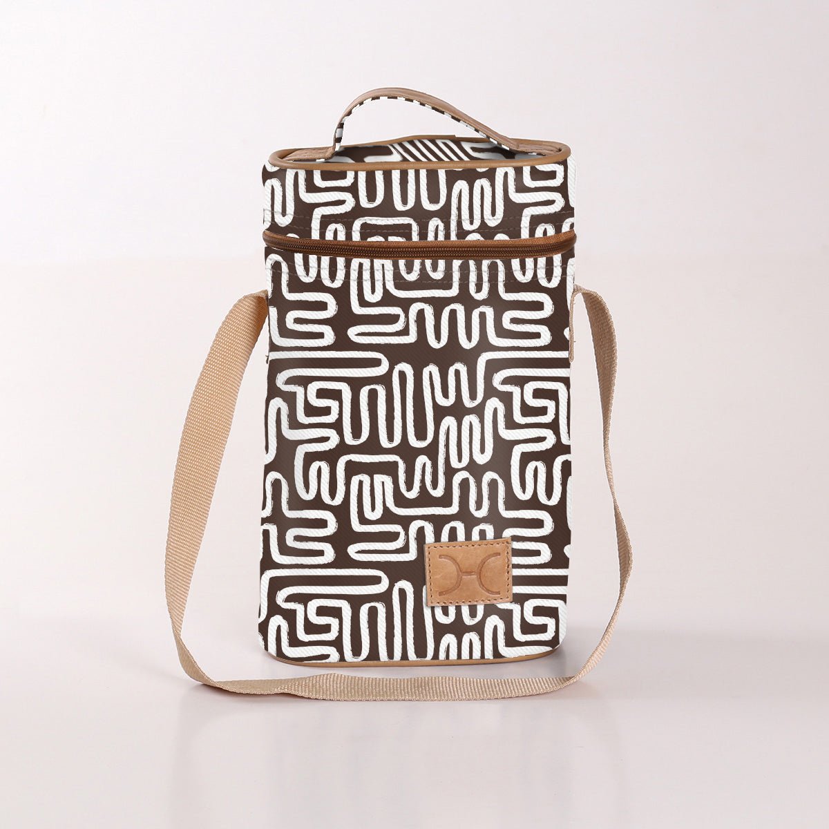 Wine Cooler Double | Laminated Fabric with Genuine Leather Geo - Black Beverage Cooler Fabric Bag by Thandana