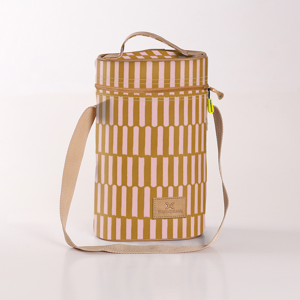 Wine Cooler Double | Laminated Fabric with Genuine Leather Indie - Sunset Beverage Cooler Fabric Bag by Thandana