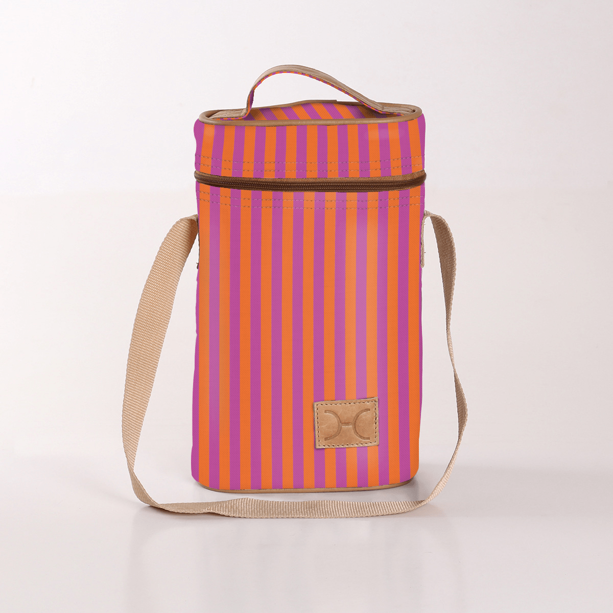Wine Cooler Double | Laminated Fabric with Genuine Leather Linear - Preppy Beverage Cooler Fabric Bag by Thandana