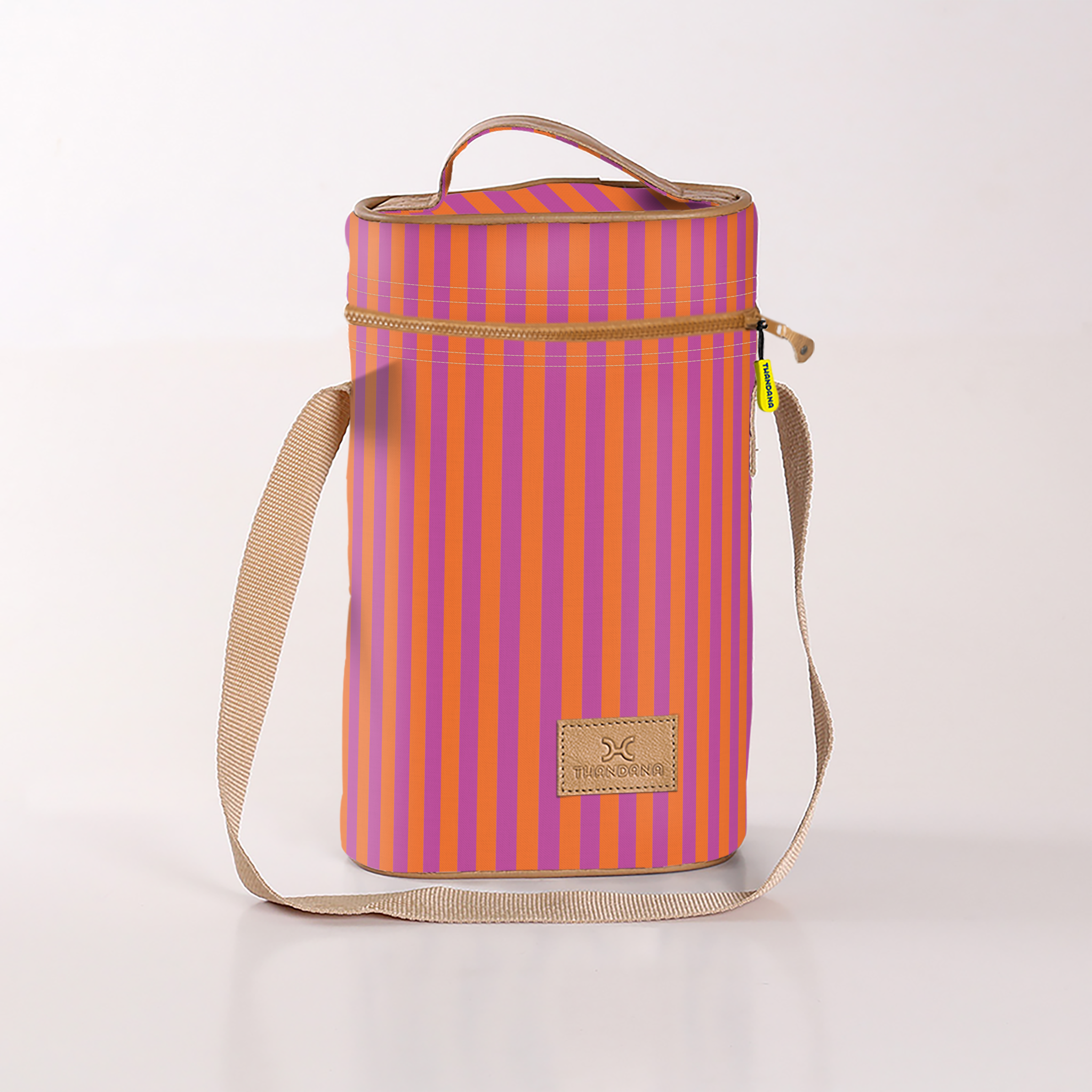 Wine Cooler Double | Laminated Fabric with Genuine Leather Linear - Preppy Beverage Cooler Fabric Bag by Thandana