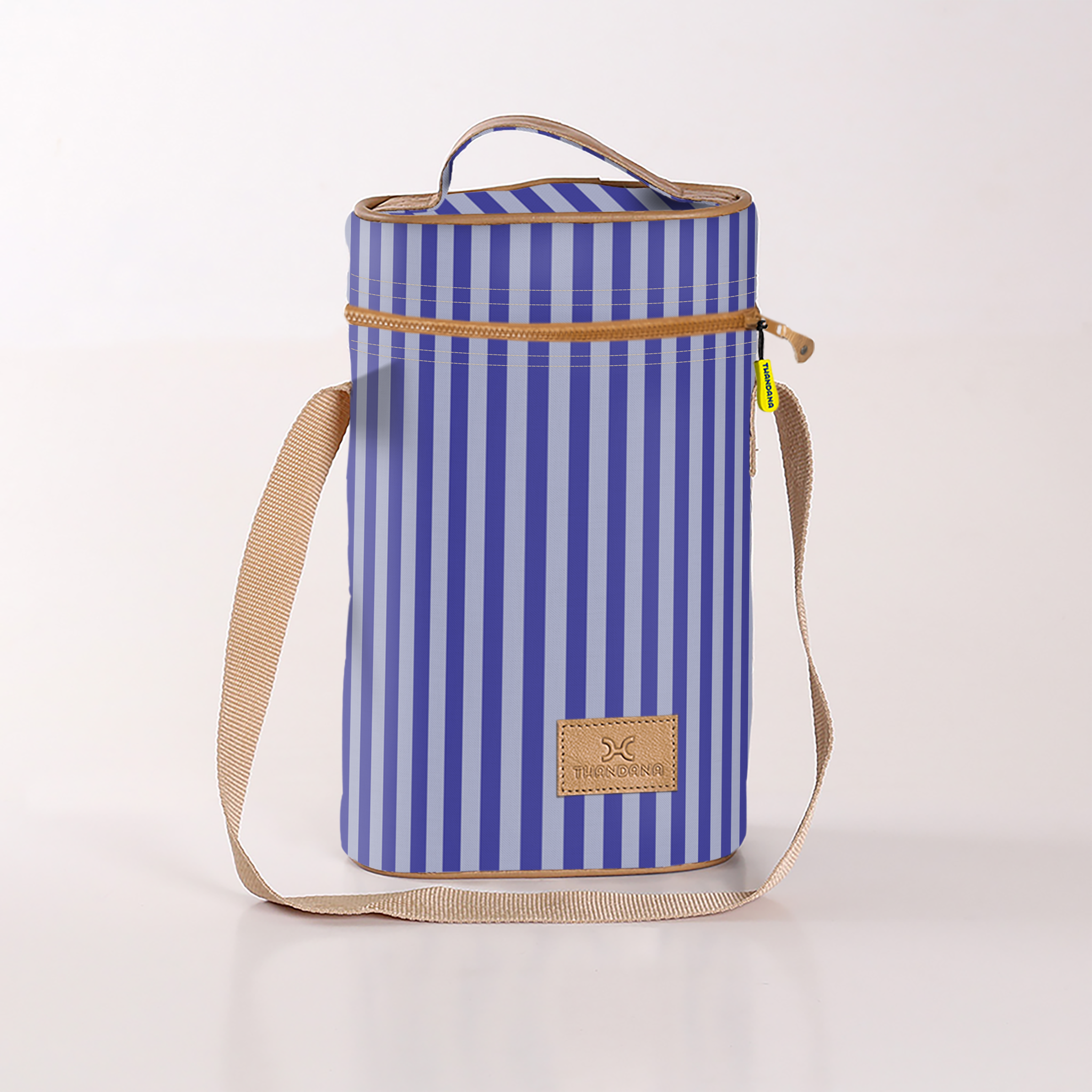 Wine Cooler Double | Laminated Fabric with Genuine Leather Linear - Jet Beverage Cooler Fabric Bag by Thandana