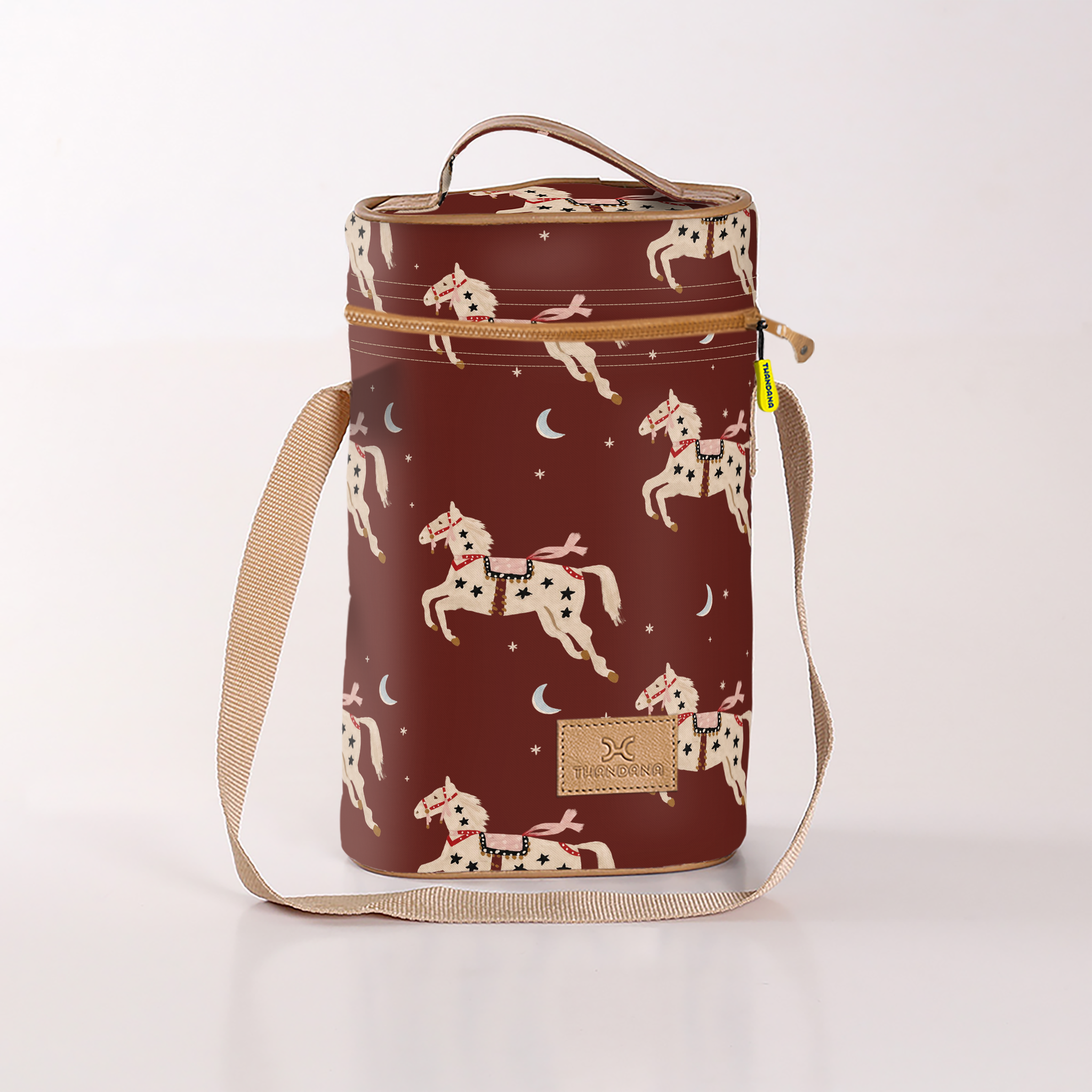 Wine Cooler Double | Laminated Fabric with Genuine Leather Midnight Pony - Cherry Beverage Cooler Fabric Bag by Thandana