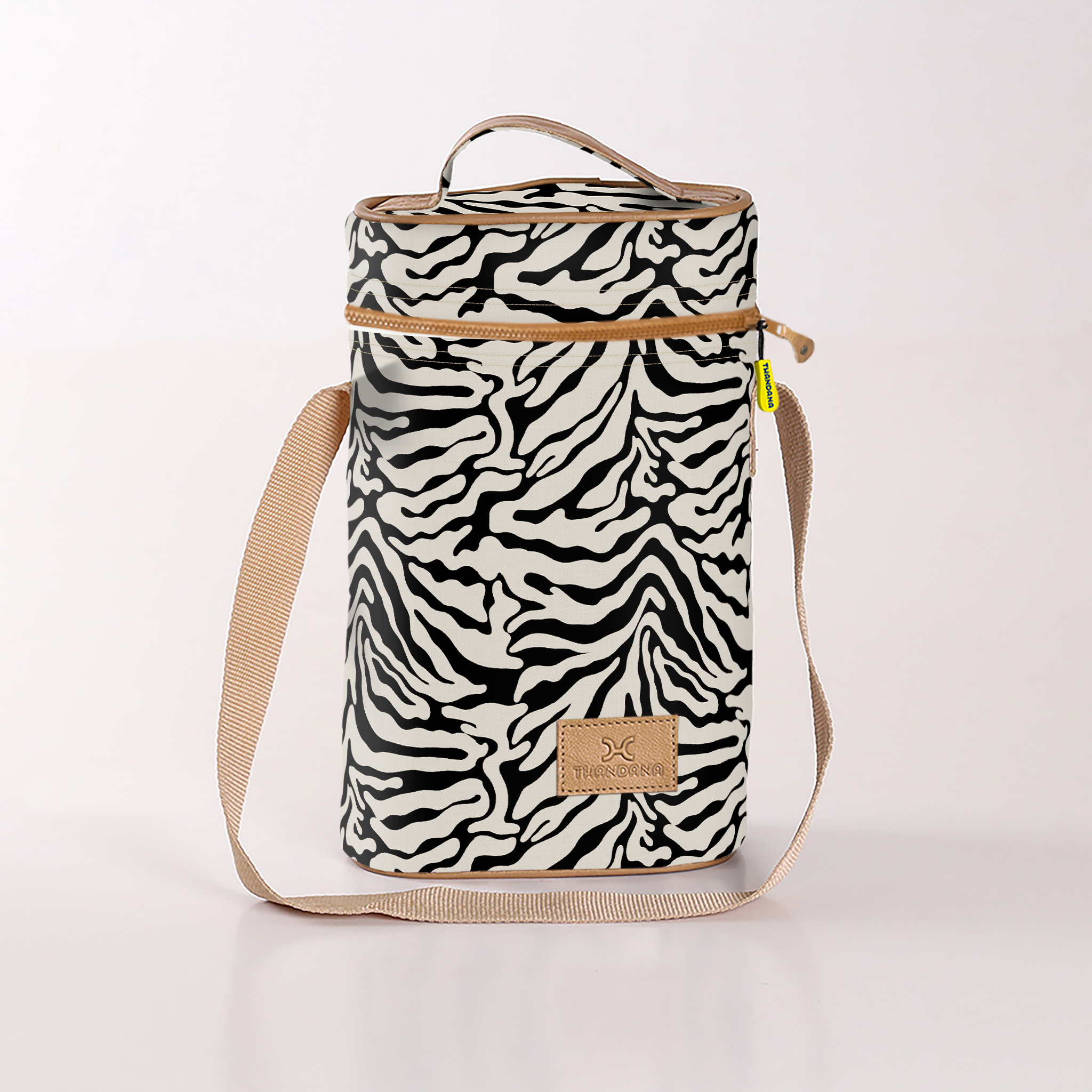 Wine Cooler Double | Laminated Fabric with Genuine Leather Nomad Stripe - Pitch Beverage Cooler Fabric Bag by Thandana