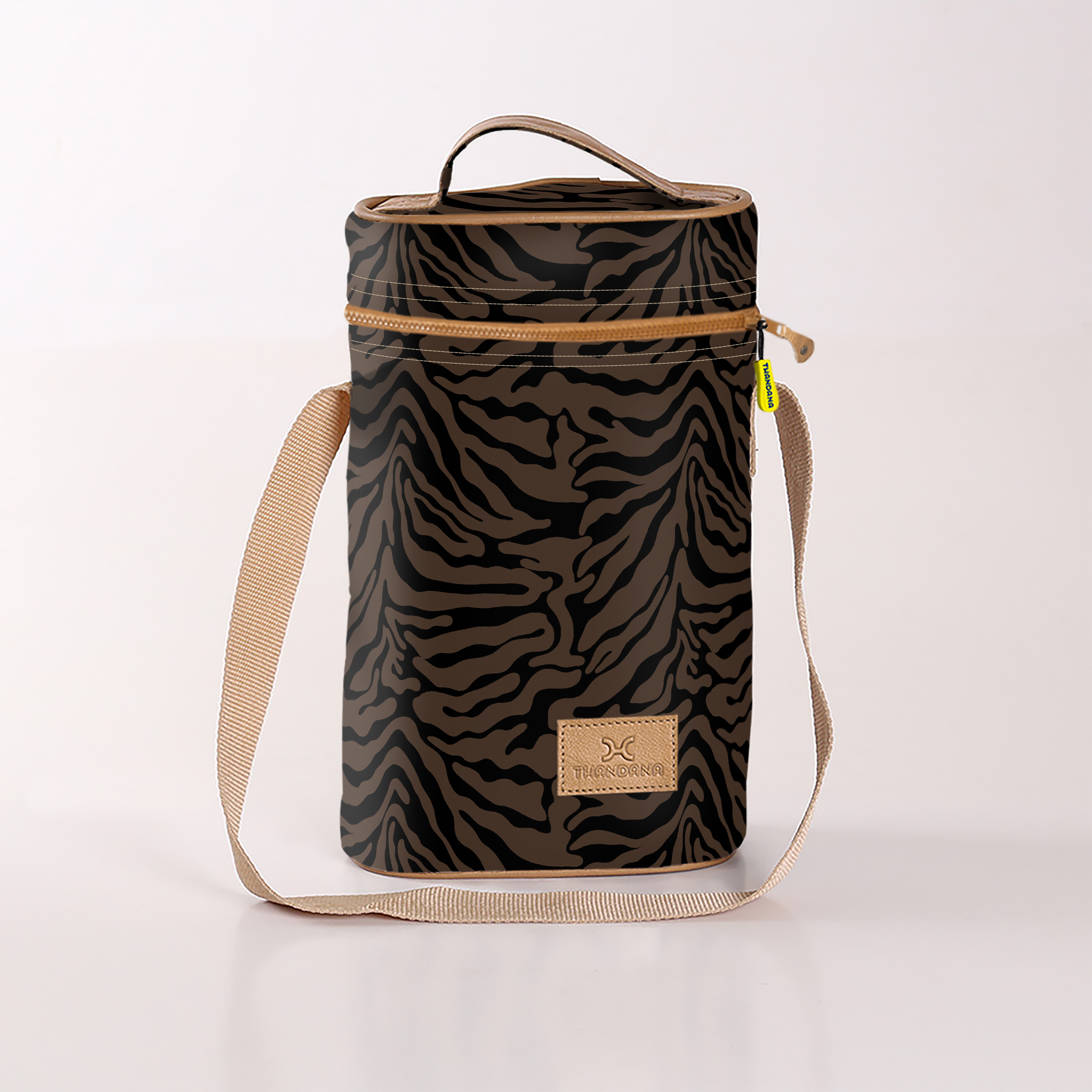 Wine Cooler Double | Laminated Fabric with Genuine Leather Nomad Stripe - Coffee Beverage Cooler Fabric Bag by Thandana