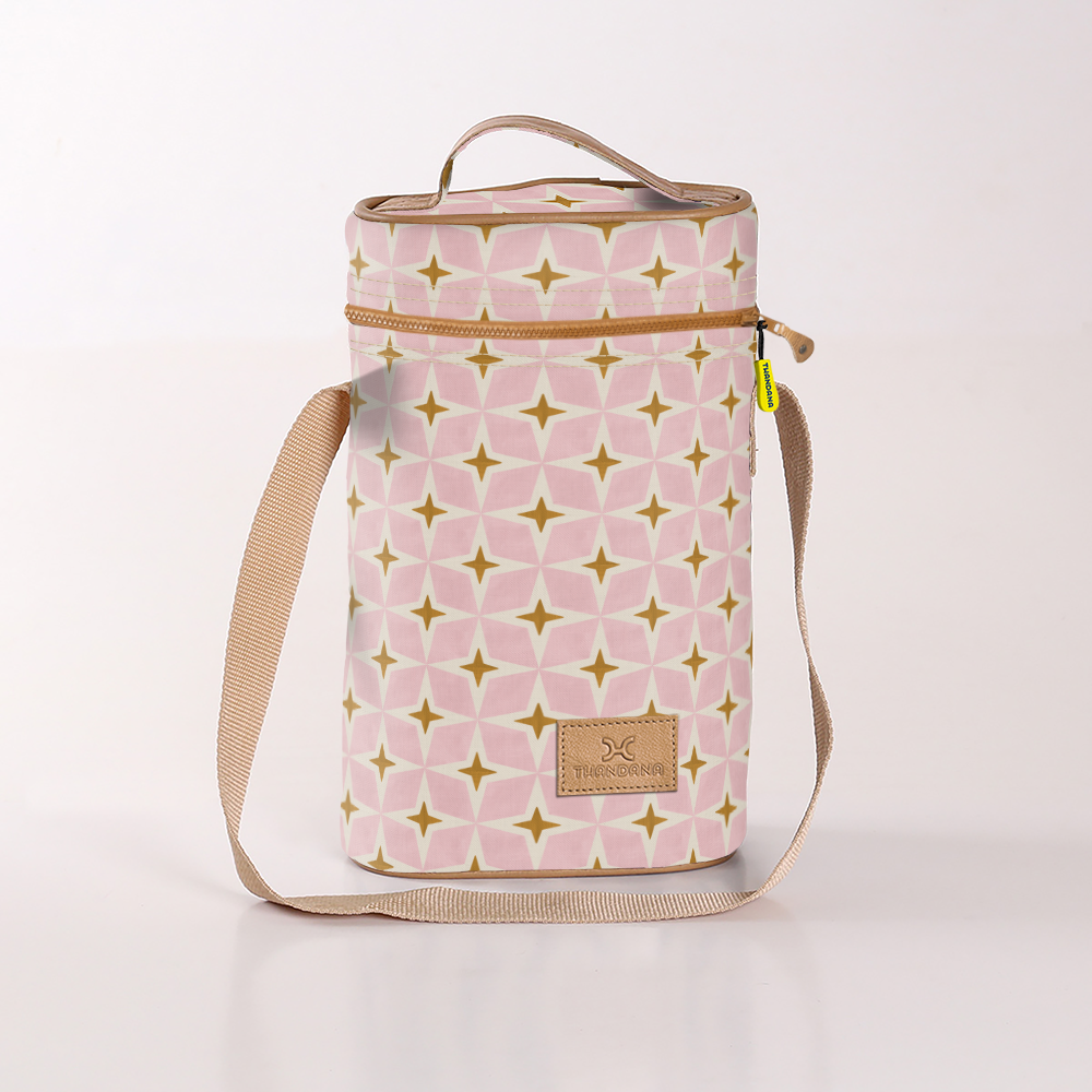 Wine Cooler Double | Laminated Fabric with Genuine Leather Nova - Blush Beverage Cooler Fabric Bag by Thandana