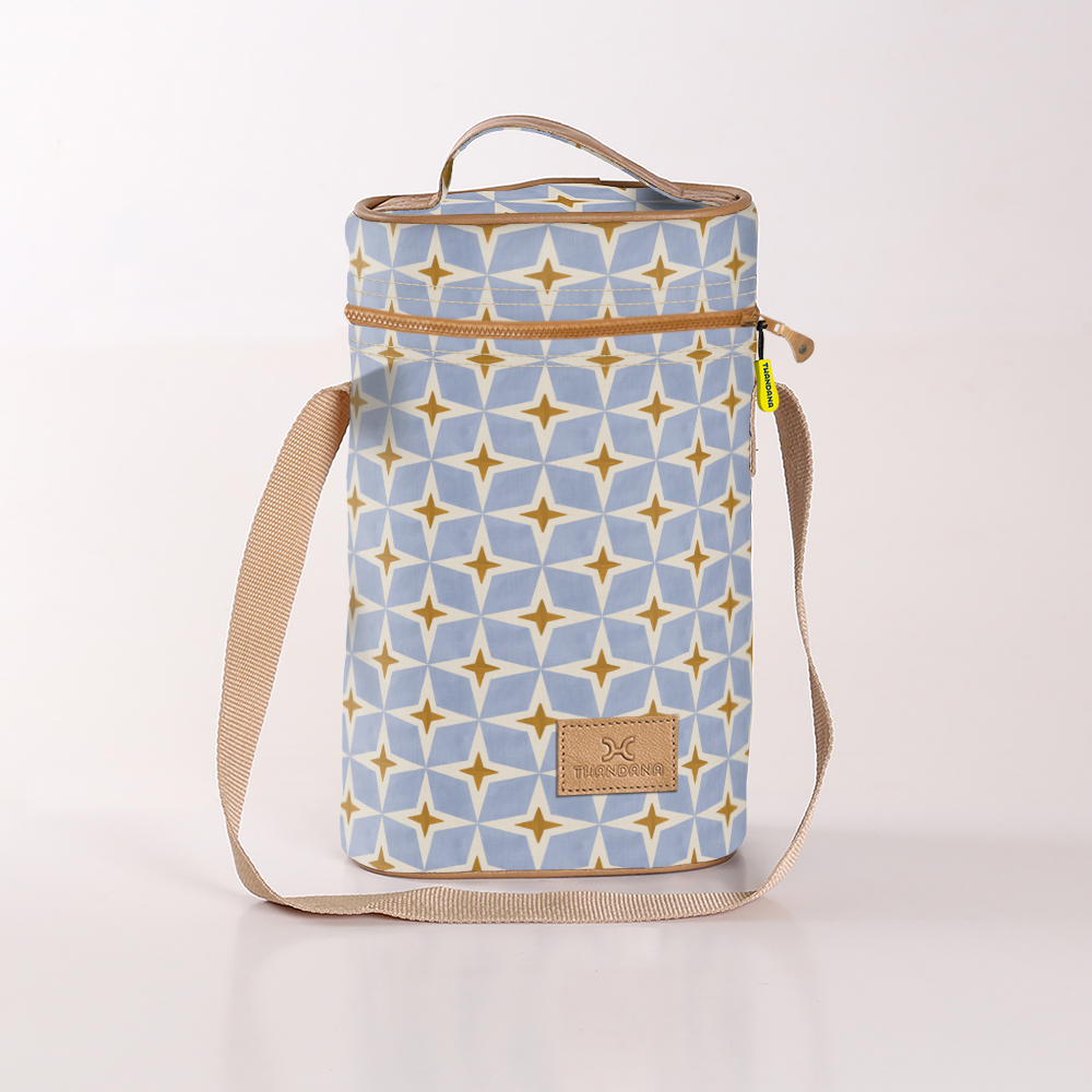 Wine Cooler Double | Laminated Fabric with Genuine Leather Nova - Mist Beverage Cooler Fabric Bag by Thandana