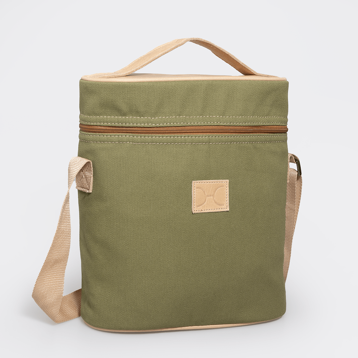Wine Cooler Jumbo Carry Bag | Wax Canvas with Genuine Leather Sage Canvas with Hazelnut Leather Wine Cooler by Thandana