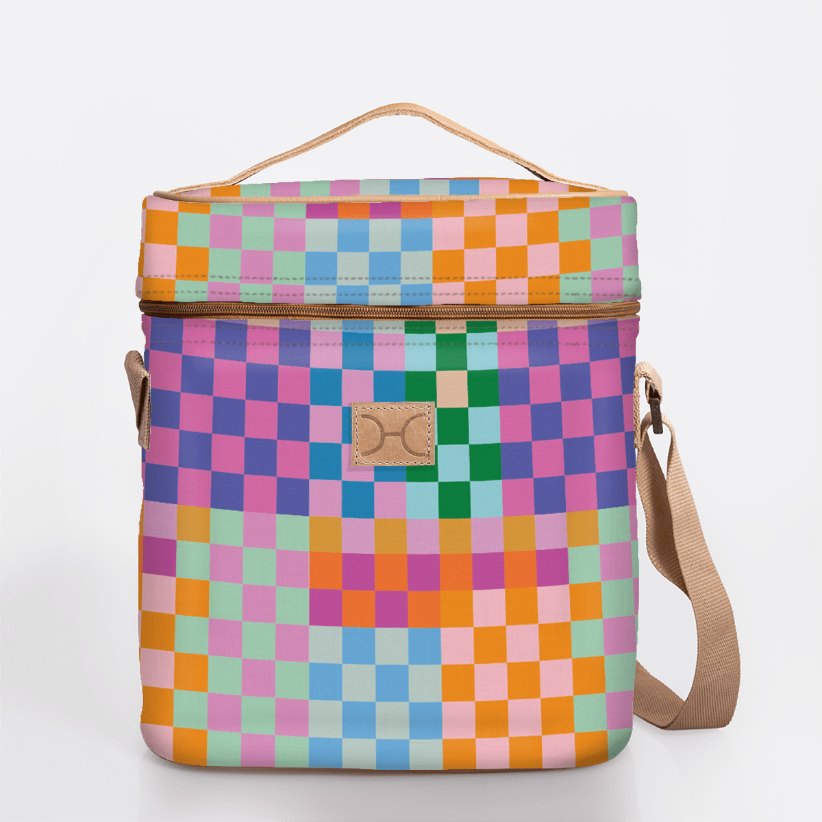 Wine Cooler Jumbo | Laminated Fabric with Genuine Leather Checker - Preppy / Chunky Zip Beverage Cooler Fabric Bag
