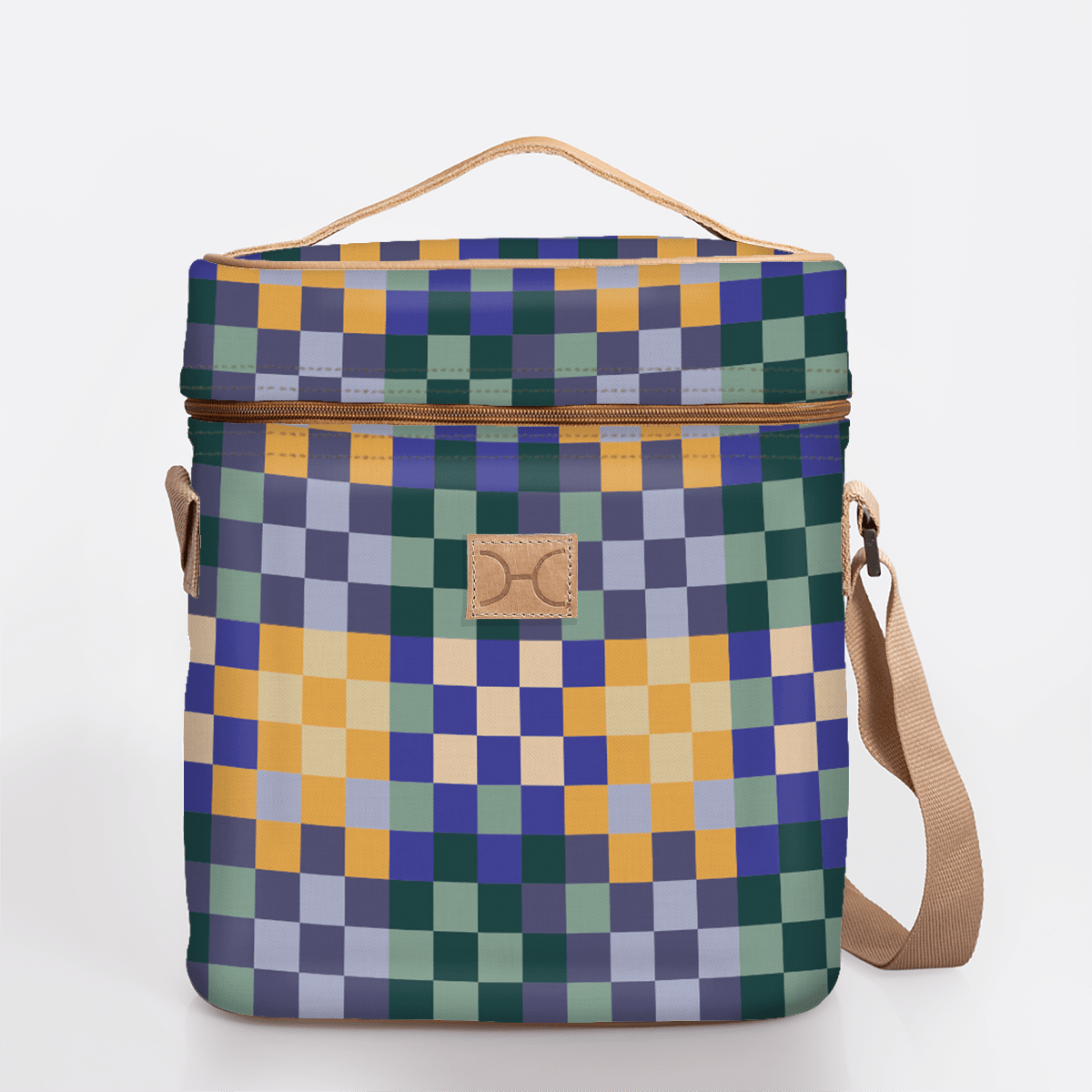 Wine Cooler Jumbo | Laminated Fabric with Genuine Leather Checker - Jet / Chunky Zip Beverage Cooler Fabric Bag