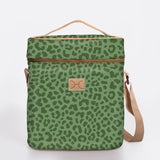 Wine Cooler Jumbo | Laminated Fabric with Genuine Leather Cheetah - Olive / Chunky Zip Beverage Cooler Fabric Bag