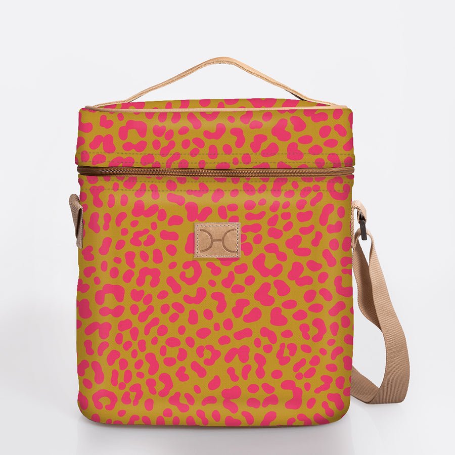 Wine Cooler Jumbo | Laminated Fabric with Genuine Leather Cheetah - Preppy / Chunky Zip Beverage Cooler Fabric Bag