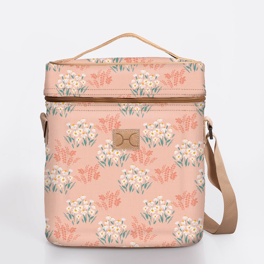 Wine Cooler Jumbo | Laminated Fabric with Genuine Leather Crazy Daisy - Blush / Chunky Zip Beverage Cooler Fabric Bag