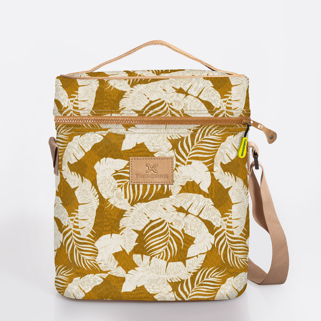 Wine Cooler Jumbo | Laminated Fabric with Genuine Leather Fauna - Earth / Chunky Zip Beverage Cooler Fabric Bag