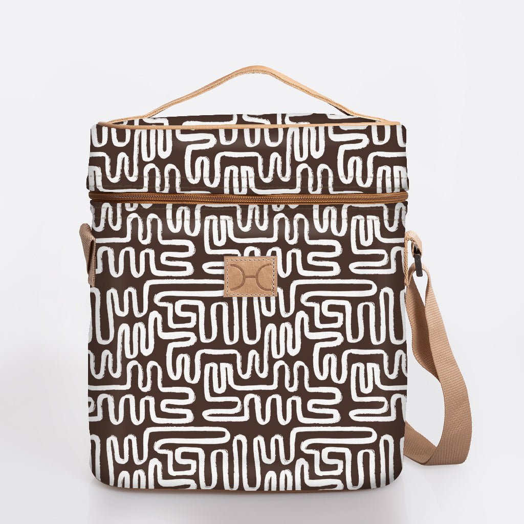 Wine Cooler Jumbo | Laminated Fabric with Genuine Leather Geo - Black / Chunky Zip Beverage Cooler Fabric Bag