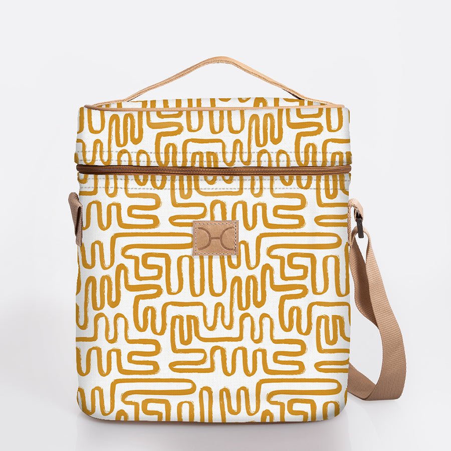 Wine Cooler Jumbo | Laminated Fabric with Genuine Leather Geo - Sand / Chunky Zip Beverage Cooler Fabric Bag by Thandana