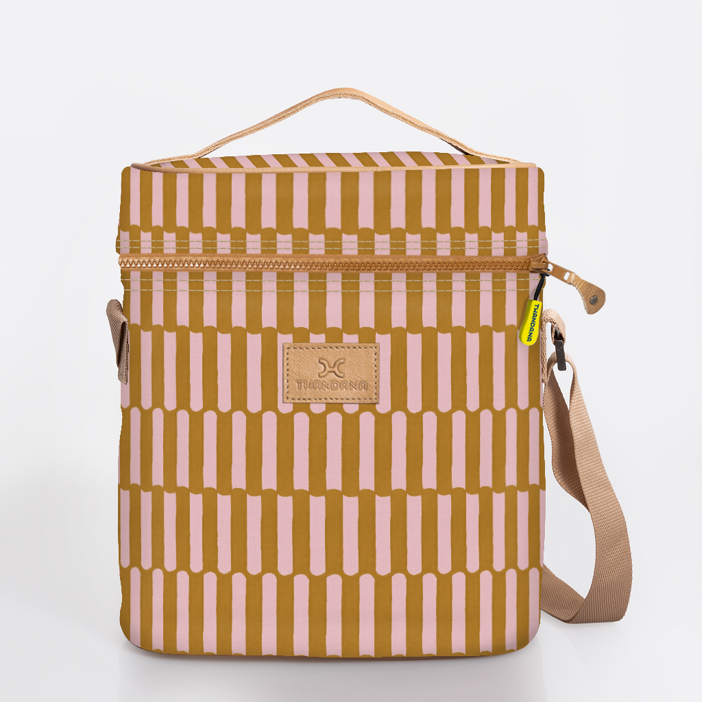Wine Cooler Jumbo | Laminated Fabric with Genuine Leather Indie - Sunset / Chunky Zip Beverage Cooler Fabric Bag