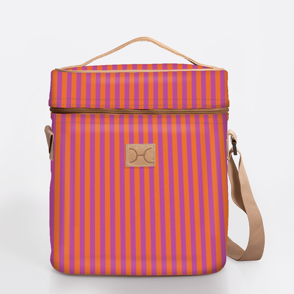 Wine Cooler Jumbo | Laminated Fabric with Genuine Leather Linear - Preppy / Chunky Zip Beverage Cooler Fabric Bag