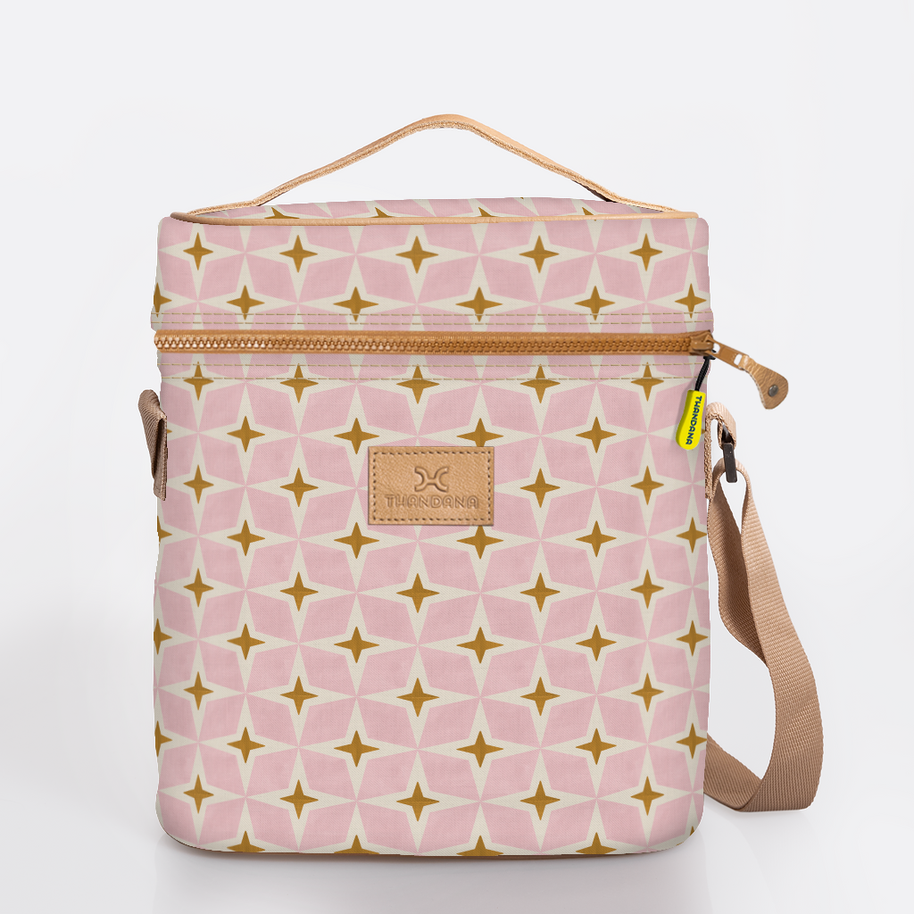 Wine Cooler Jumbo | Laminated Fabric with Genuine Leather Nova - Blush / Chunky Zip Beverage Cooler Fabric Bag