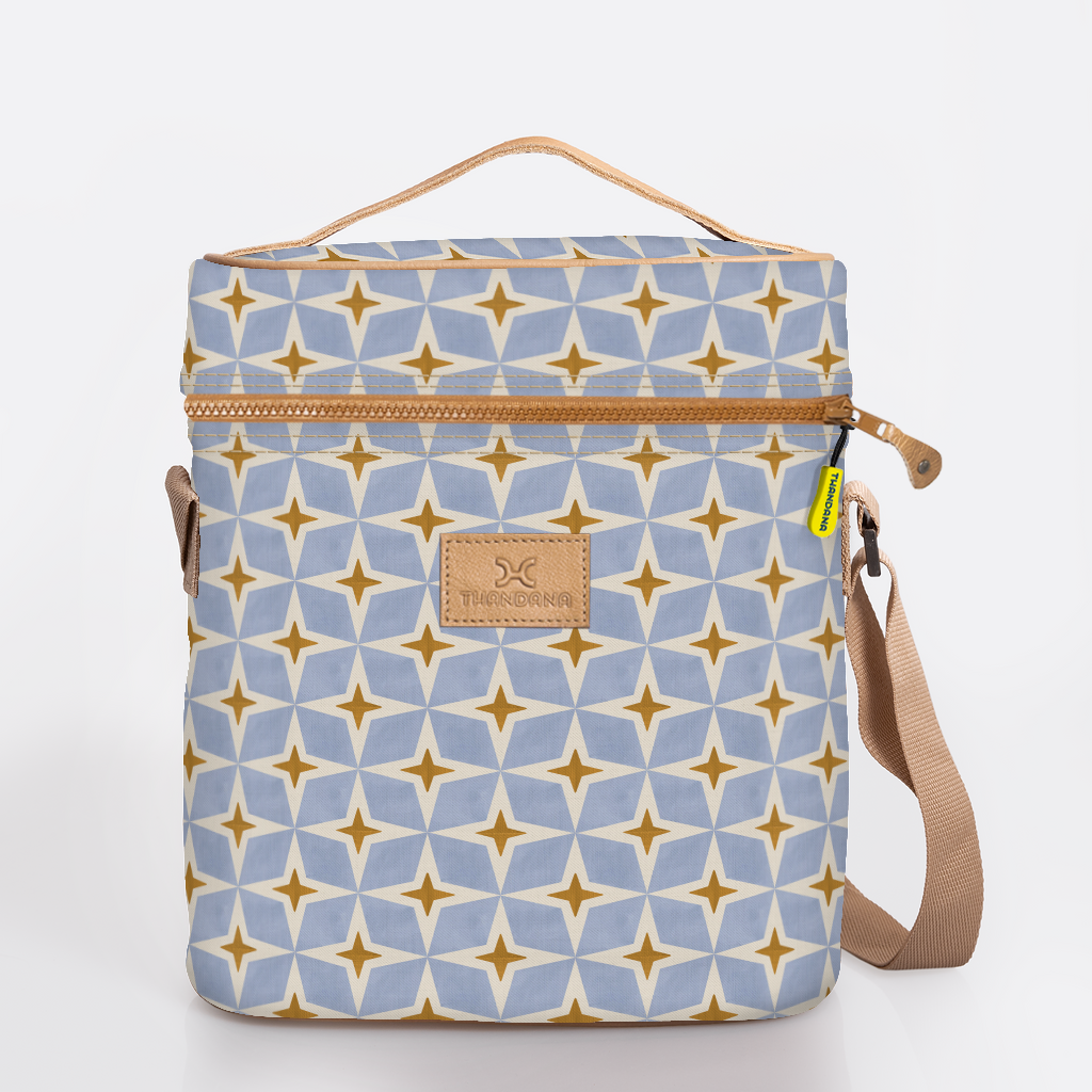 Wine Cooler Jumbo | Laminated Fabric with Genuine Leather Nova - Mist / Chunky Zip Beverage Cooler Fabric Bag