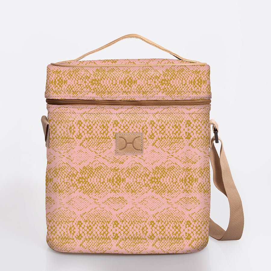 Wine Cooler Jumbo | Laminated Fabric with Genuine Leather Python - Bloom / Chunky Zip Beverage Cooler Fabric Bag