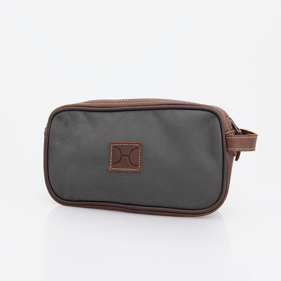 Women’s Double Zip Vanity | Wax Canvas with Genuine Leather | Corporate Charcoal Canvas with Tobac Leather / Gunmetal