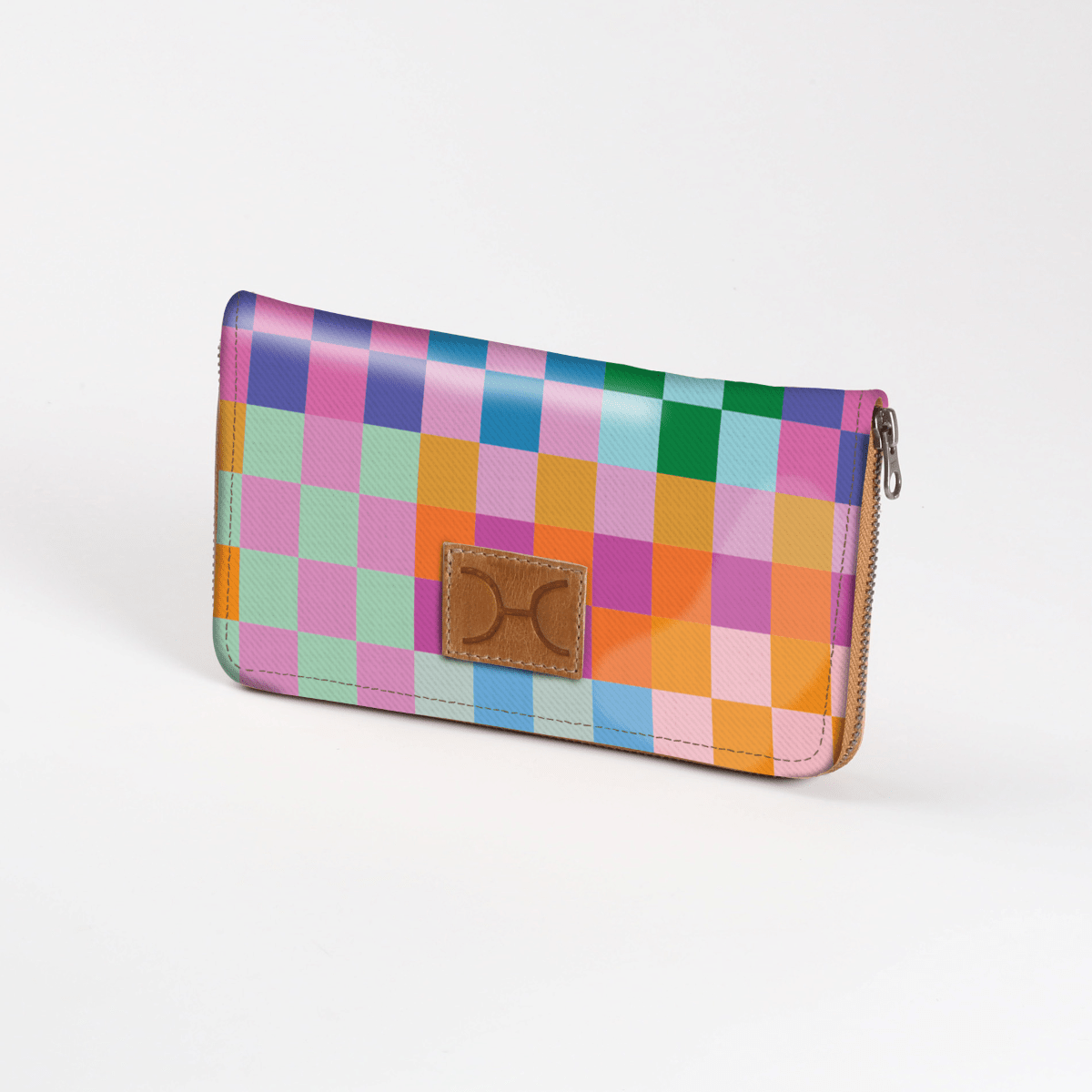 Women’s Large Purse| Laminated Fabric with Genuine Leather Checker - Preppy / Chunky Zip Ladies Large Wallet Fabric