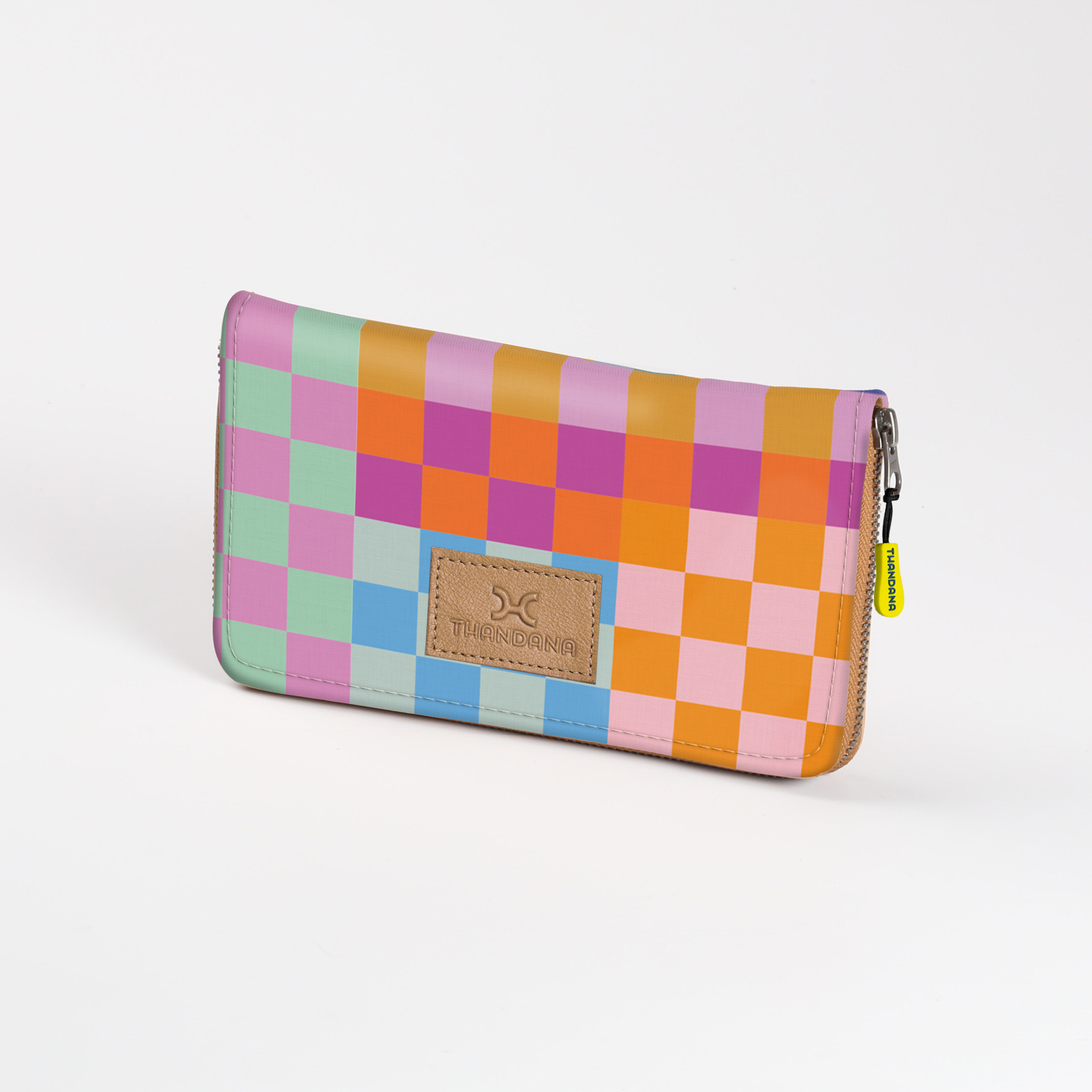 Women’s Large Purse| Laminated Fabric with Genuine Leather Checker - Preppy / Chunky Zip Ladies Large Wallet Fabric