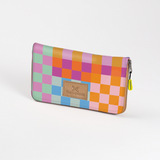 Women’s Large Purse| Laminated Fabric with Genuine Leather Checker - Preppy / Chunky Zip Ladies Large Wallet Fabric