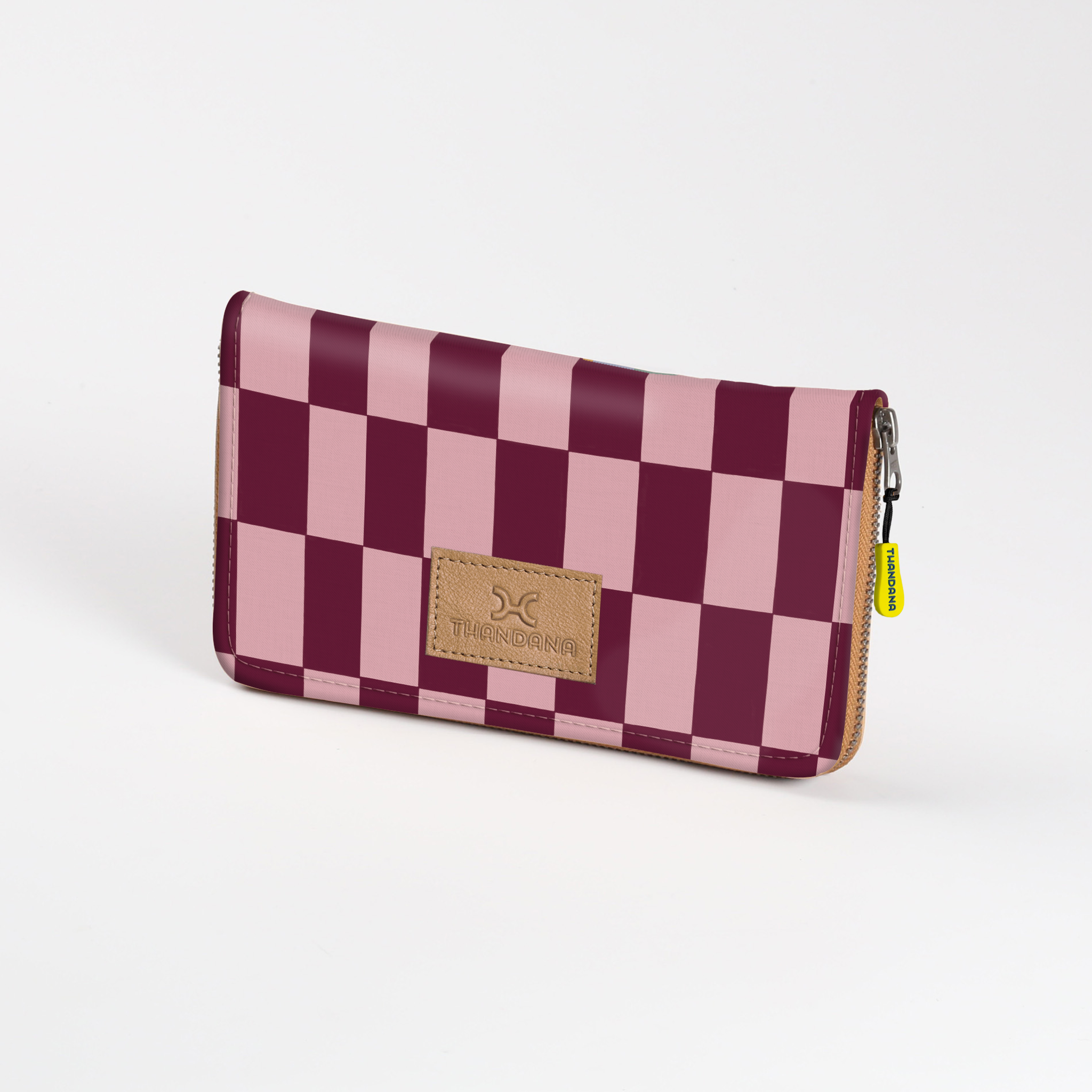 Women’s Large Purse| Laminated Fabric with Genuine Leather Checkmate - Cherry / Chunky Zip Ladies Large Wallet Fabric