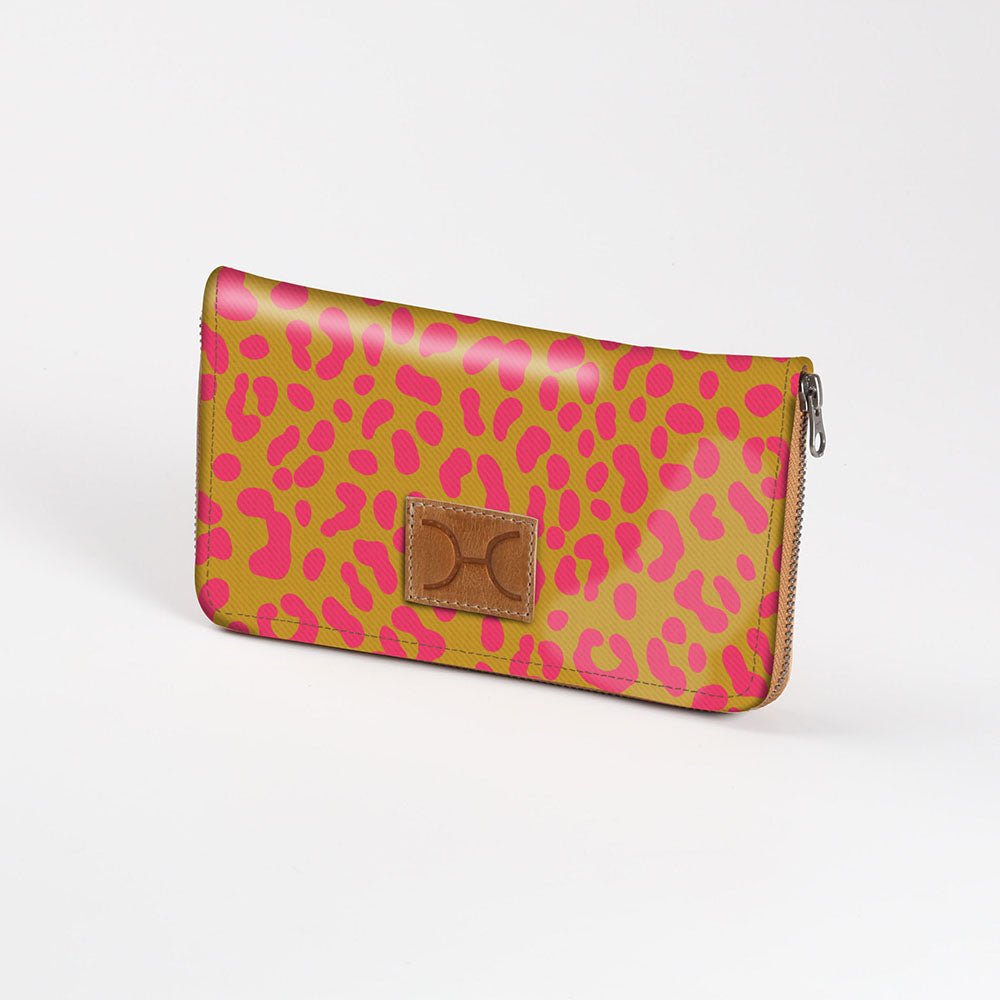 Women’s Large Purse| Laminated Fabric with Genuine Leather Cheetah - Preppy / Chunky Zip Ladies Large Wallet Fabric