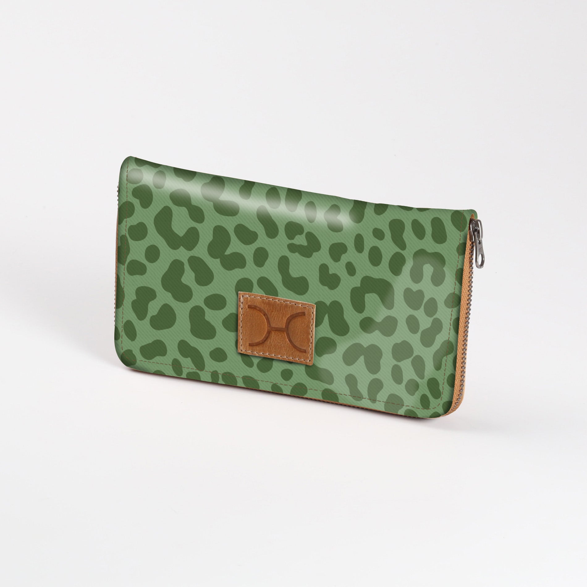 Women’s Large Purse| Laminated Fabric with Genuine Leather Cheetah - Olive / Chunky Zip Ladies Large Wallet Fabric
