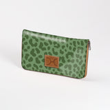 Women’s Large Purse| Laminated Fabric with Genuine Leather Cheetah - Olive / Chunky Zip Ladies Large Wallet Fabric
