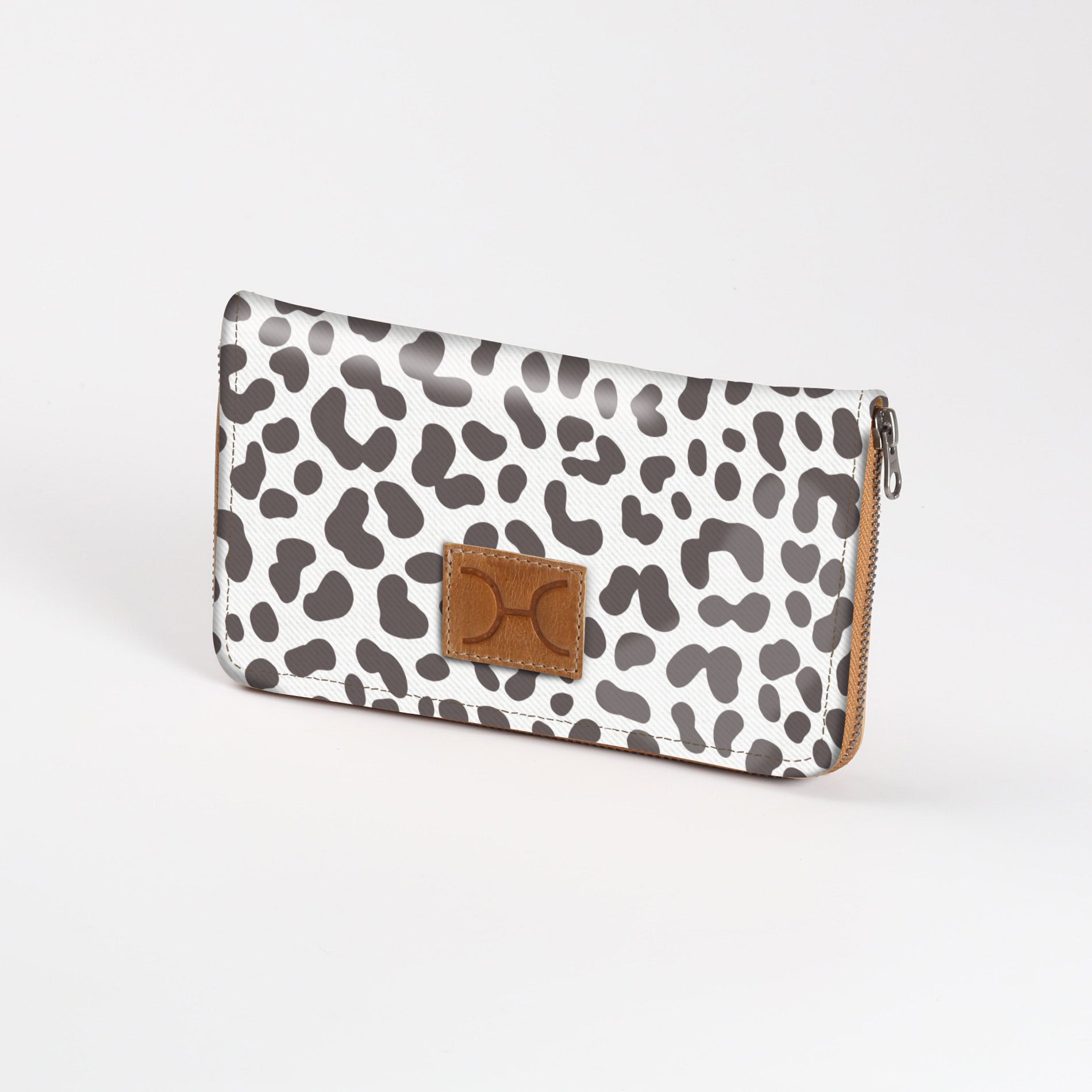 Women’s Large Purse| Laminated Fabric with Genuine Leather Cheetah - White / Chunky Zip Ladies Large Wallet Fabric