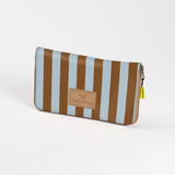 Women’s Large Purse| Laminated Fabric with Genuine Leather Coastal Stripe - Blue / Chunky Zip Ladies Large Wallet
