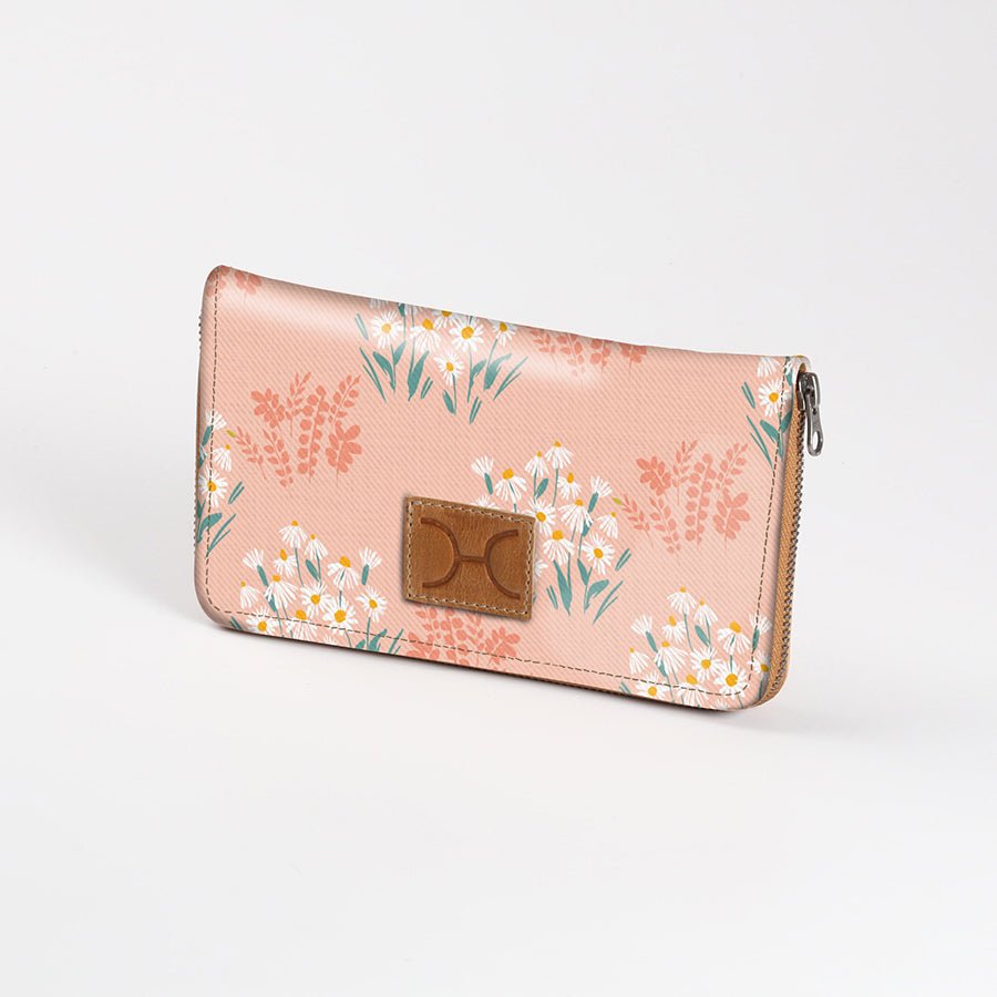 Women’s Large Purse| Laminated Fabric with Genuine Leather Crazy Daisy - Blush / Chunky Zip Ladies Large Wallet Fabric