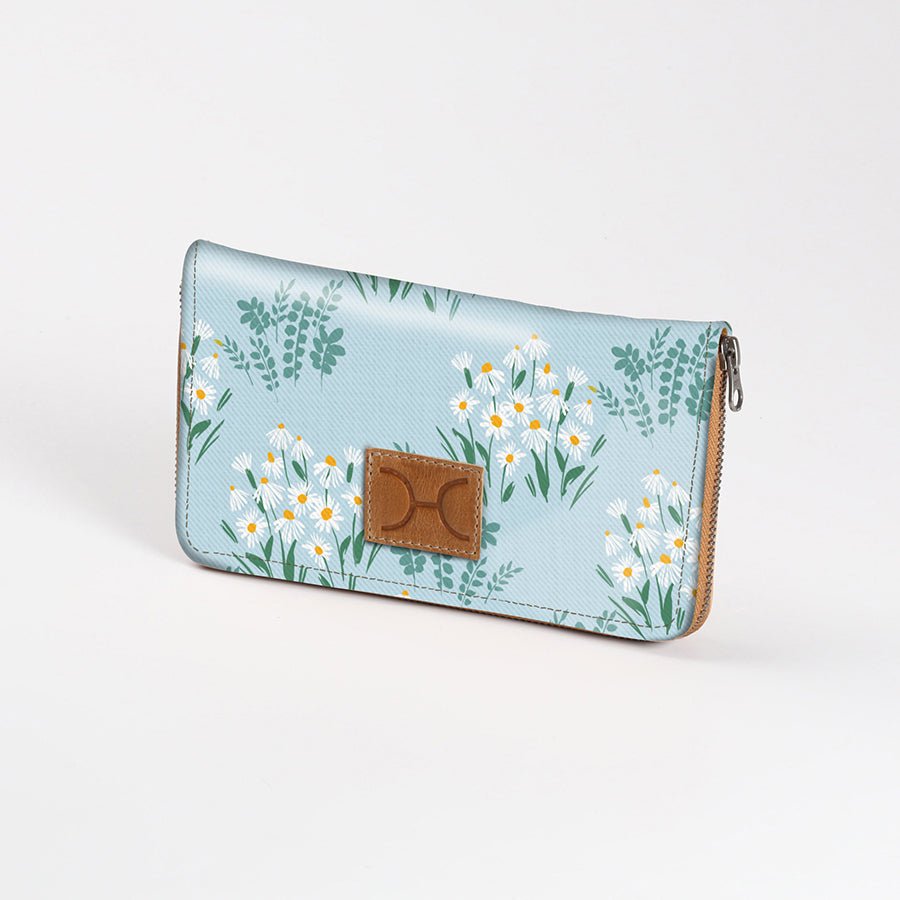 Women’s Large Purse| Laminated Fabric with Genuine Leather Crazy Daisy - Sage / Chunky Zip Ladies Large Wallet Fabric