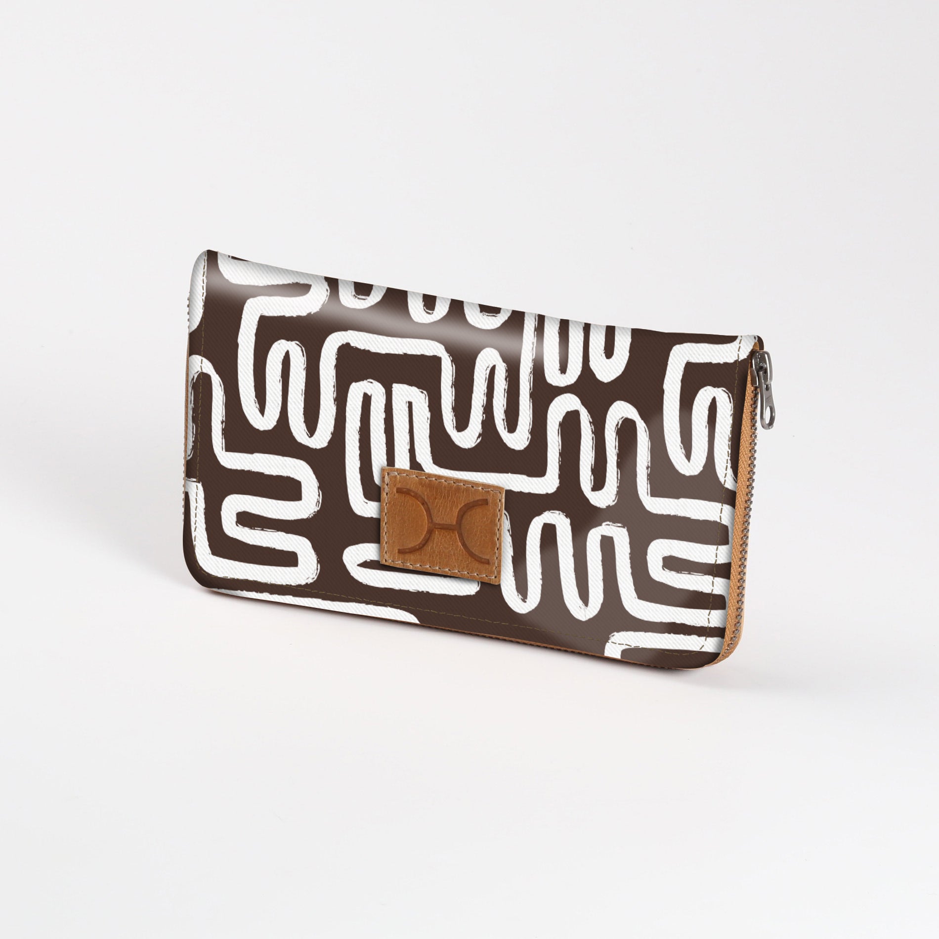 Women’s Large Purse| Laminated Fabric with Genuine Leather Geo - Black / Chunky Zip Ladies Large Wallet Fabric