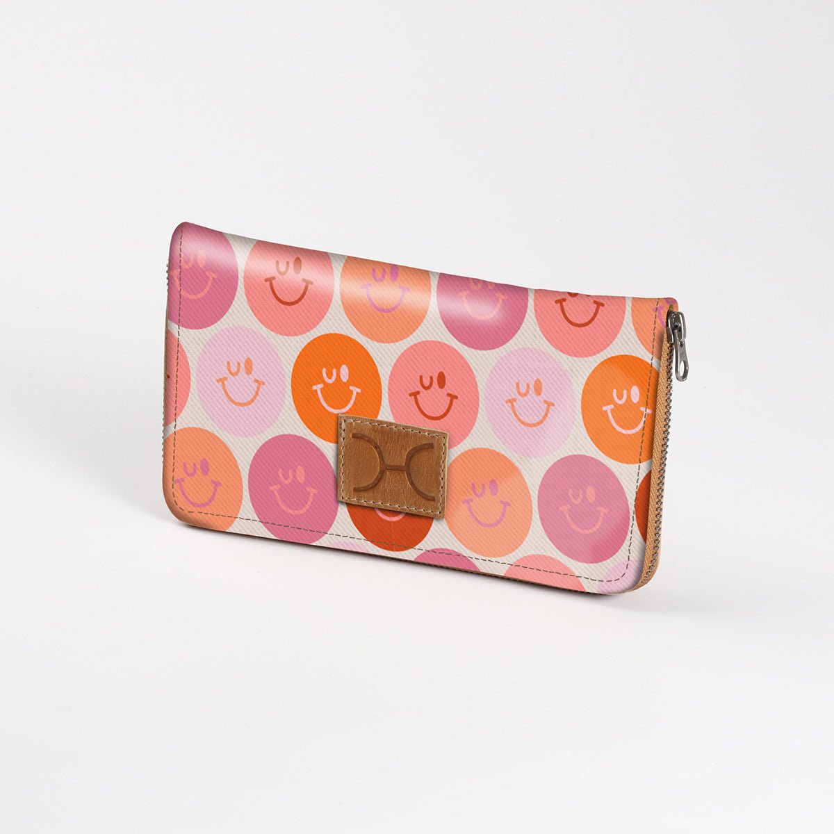Women’s Large Purse| Laminated Fabric with Genuine Leather Smiley - Blush / Chunky Zip Ladies Large Wallet Fabric