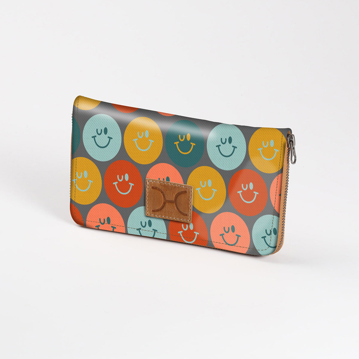 Women’s Large Purse| Laminated Fabric with Genuine Leather Smiley - Jet / Chunky Zip (new) Ladies Large Wallet Fabric