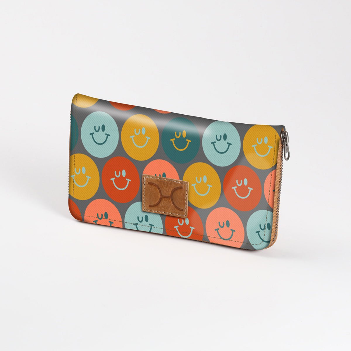Women’s Large Purse| Laminated Fabric with Genuine Leather Smiley - Jet / Chunky Zip Ladies Large Wallet Fabric