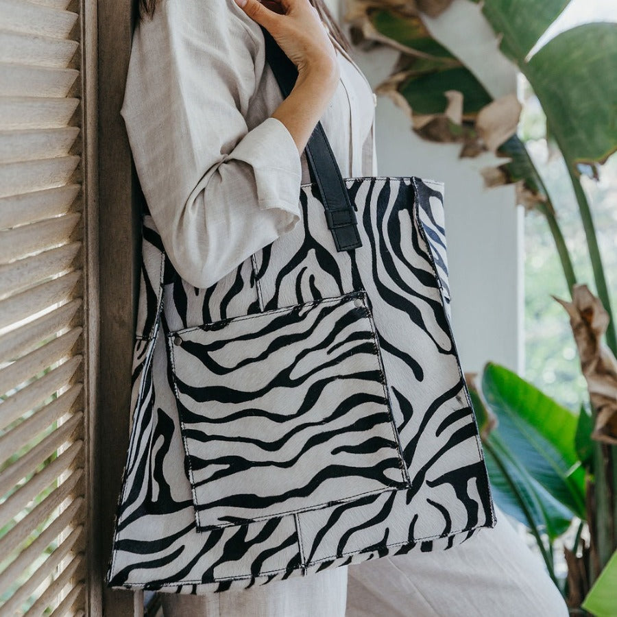 Tote Handbag | Faux Fur Print Genuine Leather