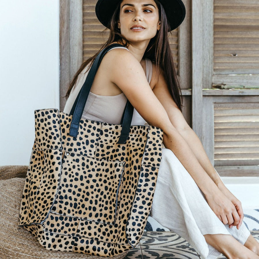 Tote Handbag | Faux Fur Print Genuine Leather